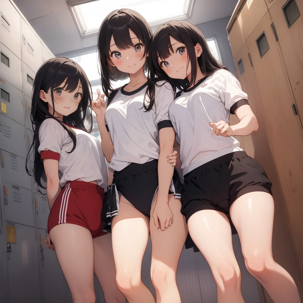 (masterpiece:1.2, best quality), (highly detailed:1.3), school locker room, multiple girls, 5girls, five girls, , long legs, (white panties and bra), posing for camera, smile, sneakers, (changing clothes), chatting, talking, bright, warm, seductive posture