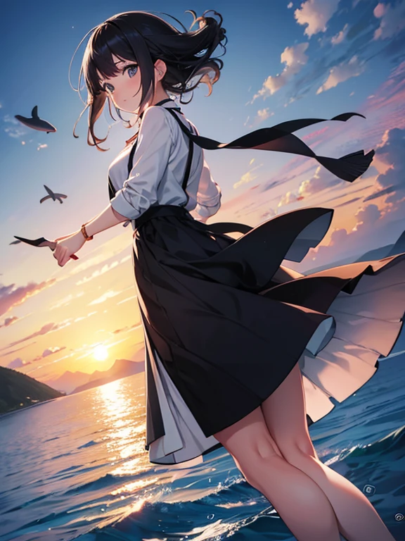 A woman watching the sunrise over the islands, the dazzling Silk Road, long skirt, summer clothes, black hair, the most magical, killer whales jumping