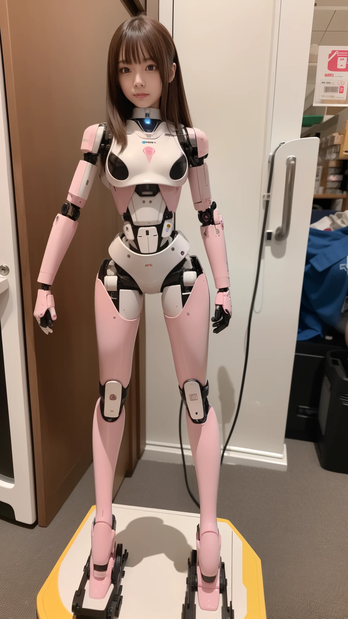 masterpiece, best quality, extremely detailed, (8K, 4K, Best Quality, Hight resolution, 超A high resolution:1.1), 8K portrait,1girl in, Japanese android girl, android teacher, control panels, android, Droid, Mechanical Hand, ,Robot arms and legs, Black hair, Mechanical body, Blunt bangs, Pink Robotics Parts, perfect robot woman, Charging spot, Long Tube, A thick cable was connected to her neck, ceramic body , android, robot humanoid, panty, full eyes, perfect mechanical body, pink robotics body, future assembly plant, Pink body, She has repaired, lack sponge joints, android assembly plant, android, laboratory, platform boots, perfect machine body, pink robot body