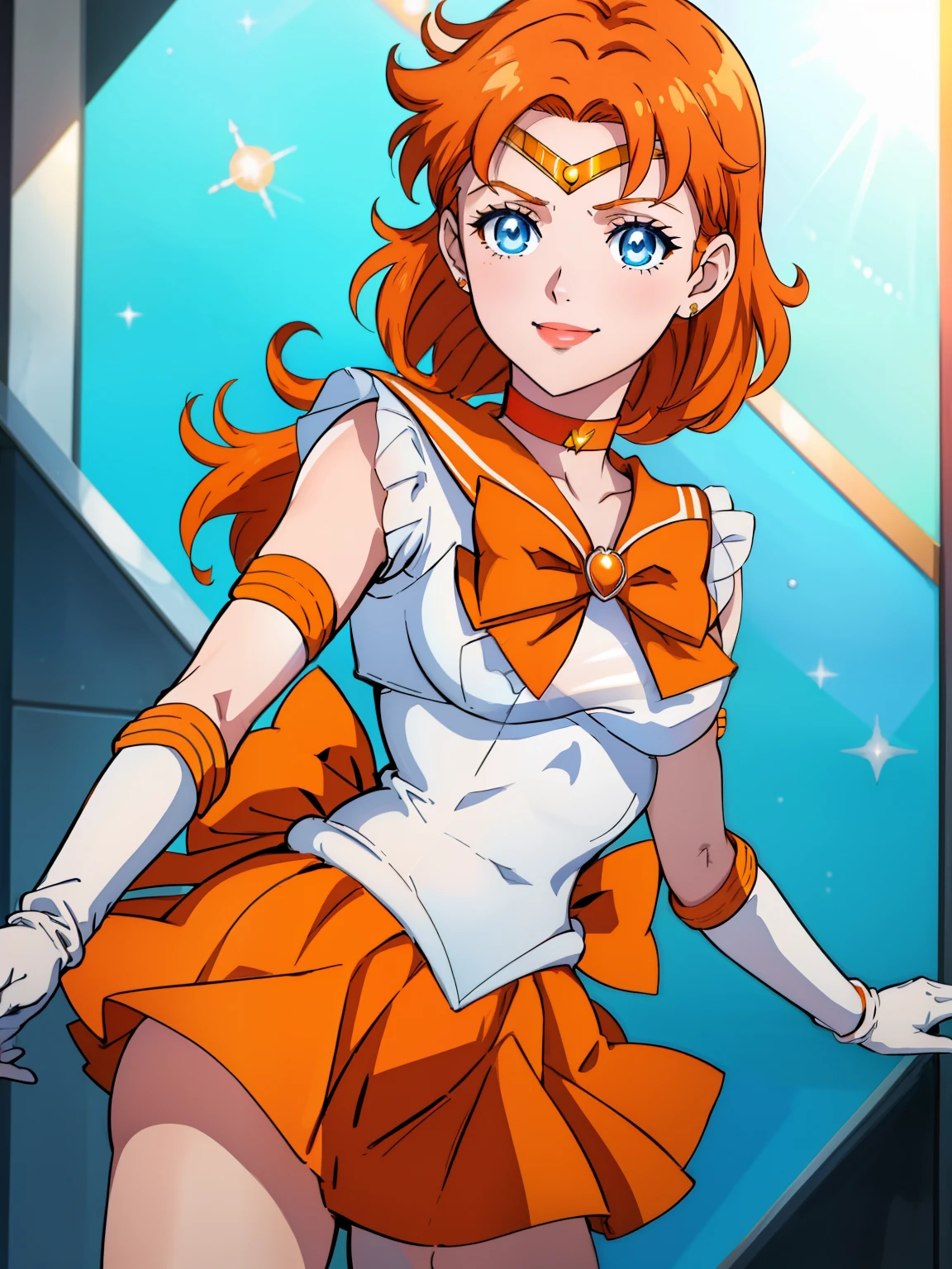 annette_war, blue eyes, orange hair, sailor senshi uniform, orange skirt, elbow gloves, tiara, orange sailor collar, red bow, orange choker, white gloves, jewelry, smile