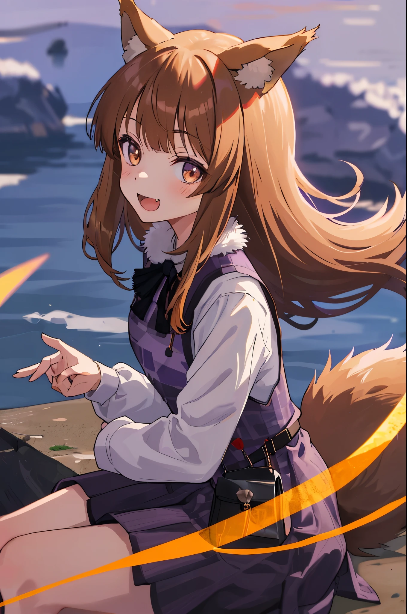 1 girl, portrait, animal ears, bangs, Light brown hair, floating hair, (Holo), (spice and wolf), ((Long sleeve purple shirt)), (black fur lined vest), (black fur lined skirt), (tunic), long hair, outdoors, red and pink checkered neck pouch, smile, open mouth, fang, slender, ((fur dress)), smile, meadow, solo, (tail), wolf ears, wolf girl, wolf tail, sitting, pouch,