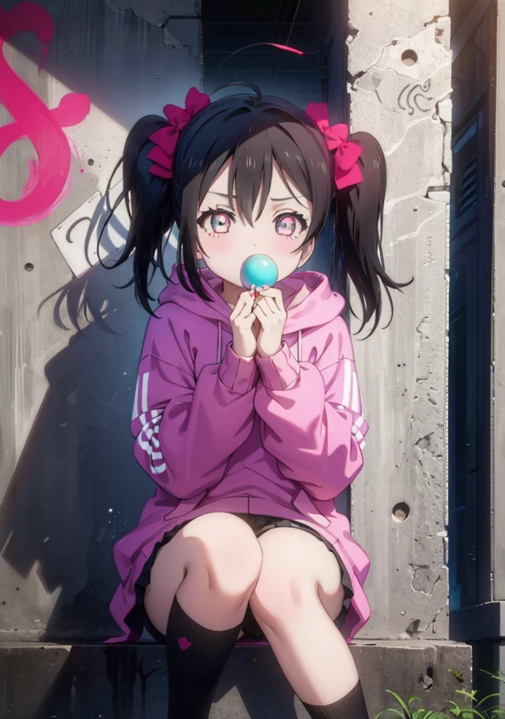 highest quality, masterpiece, High resolution, alone, {Nico Yazawa　lovelive:1.15}, black hair, red eye, Long Straight, bangs, 1 girl,  hat,Pink hoodie,Tabo Dabo G bread,brown high cut sneakers,Under the bridge,graffiti on bridge pillars,sitting leaning against a pillar,blowing bubblegum,Hip Hop Fashion,graffiti wall,(masterpiece:1.2), highest quality, High resolution, unity 8k wallpaper, (figure:0.8), (beautiful and fine eyes:1.6), highly detailed face, perfect lighting, Very detailed CG, (perfect hands, perfect anatomy),