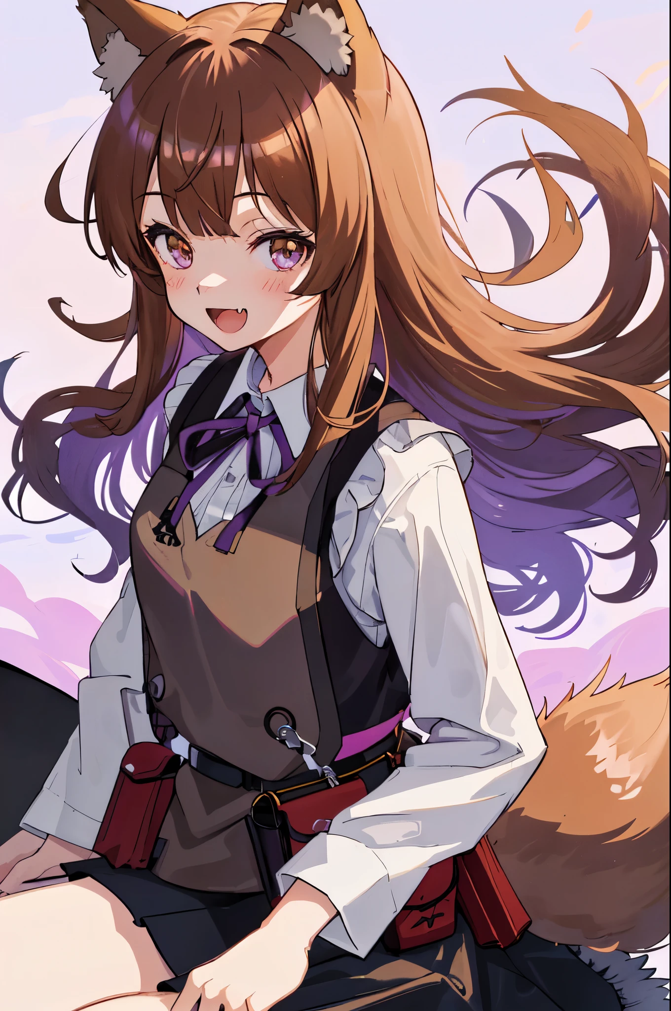 1 girl, portrait, animal ears, bangs, Light brown hair, floating hair, (Holo), (spice and wolf), ((Long sleeve purple shirt)), (black fur lined vest), (black fur lined skirt), (tunic), long hair, outdoors, red and pink checkered neck pouch, smile, open mouth, fang, slender, ((fur dress)), smile, meadow, solo, (tail), wolf ears, wolf girl, wolf tail, sitting, pouch,