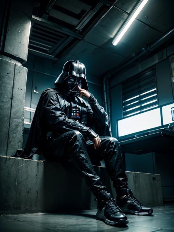 darth vader, wearing adidas sneakers, sitting, light sabre 