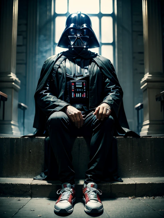 darth vader, wearing adidas sneakers, sitting, light sabre
