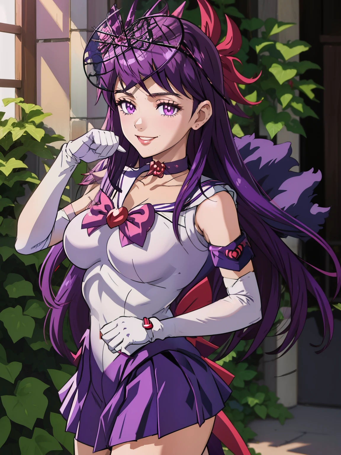 ivy fe ,purple hair, sailor senshi uniform, purple skirt, elbow gloves, tiara, purple sailor collar, red bow, purple choker, white gloves, jewelry, smile