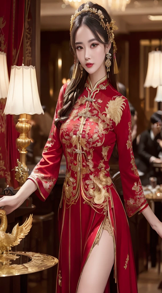 araffe woman in a red dress posing in a fancy room, cheongsam, chinese dress, wearing a red cheongsam, chinese style, traditional chinese, with acient chinese clothes, chinese costume, traditional chinese clothing, wearing ancient chinese clothes, ao dai, wearing red formal attire, wearing red attire, wearing ornate silk clothes, with ancient chinese aesthetic
