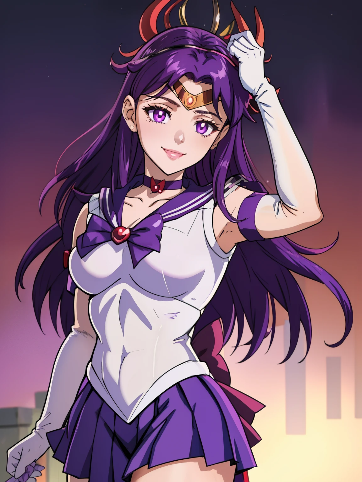 ivy fe ,purple hair, sailor senshi uniform, purple skirt, elbow gloves, tiara, purple sailor collar, red bow, purple choker, white gloves, jewelry, smile