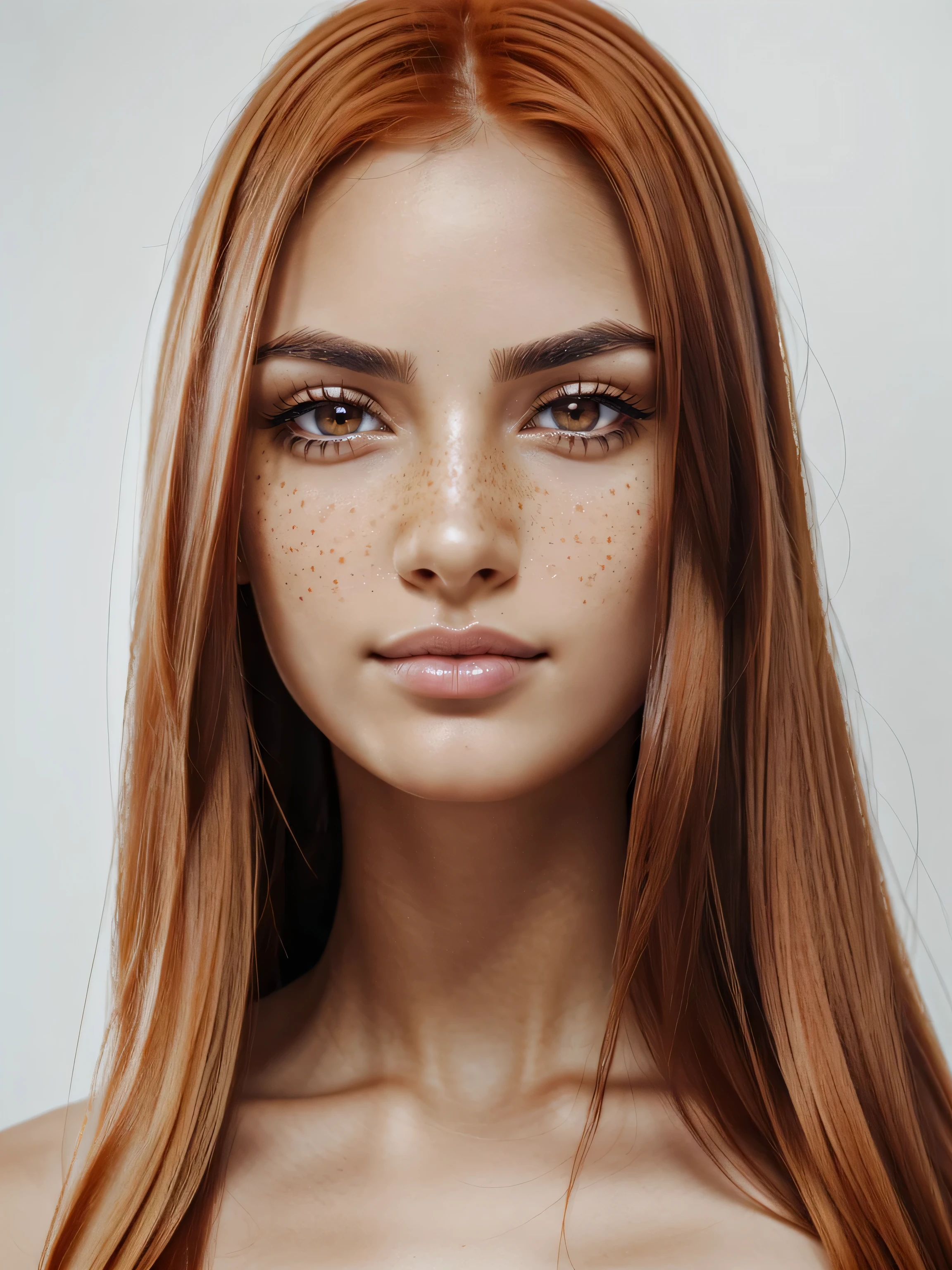 ((Beautiful)+attractive+cute:0.9) caucasian_woman, 20_years_woman, nerd:0.8, young_facial_feautures, long_hair straight_hair (ginger_hair:1.4), short_face:1.2 round_face:1.4, almond_eyes:1 large_eyes:0.5 brown_eyes:1.5 mahogany_brown_eyes:1, small_eyebrows arched_eyebrows, (tanned_skin:1.4), delicate_nose, young_gorgeous_woman, feminine_cheeks cheek_dimples:0.9, prominent_cheekbones:1.3, attractive_pink_lips:0.9, realistic_freckles:0.5, most_beautiful_woman (1Woman:1.5, (Masterpiece, 8K, best quality, highres:1.5), (three_quarter_shot:1.5, looking_at_viewer:1.5, body_looking_at_viewer:1.5), white_photoshoot:1, white_room:1, white_backdrop:1.5, standing, neutral_body_posture:1.5, (neutral_facial_expression:1.5, closed_lips:1), wearing black_strapless_mini_dress)