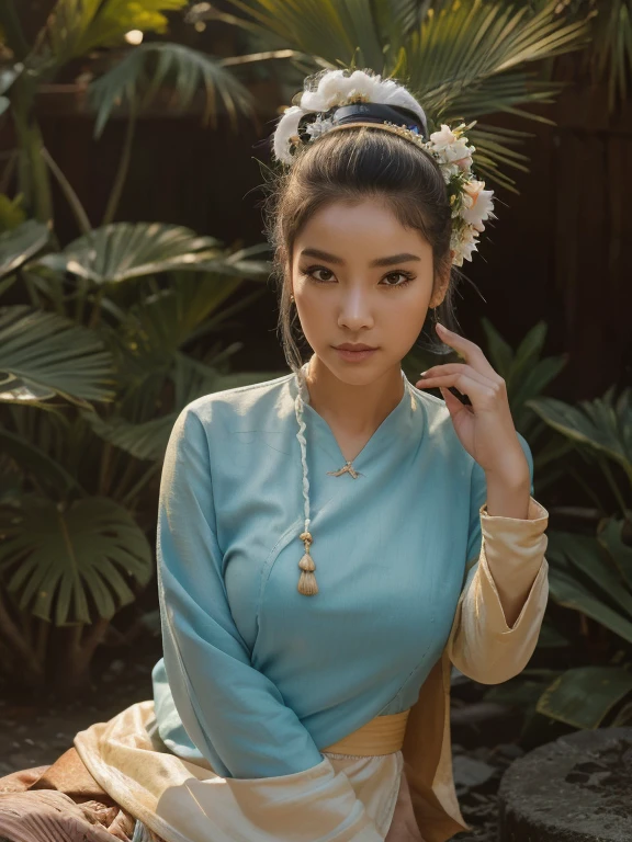 (masterpiece), (best quality), (ultra detailed),(disheveled hair),(illustration), (1 70 yo old womanl), (old Fashionable burmese clothing), standing, old Fashion old woman model, looking at viewer, (interview), (simple background),beautiful detailed eyes, delicate beautiful face, Floating,(high saturation),(colorful splashes),(shining), focus on face, ponytail, kamisato ayaka, light blue hair, bangs, hair ring, floating flowers, floating hairs, (shining), best lighting, best shadow,(best quality,8k,highres,masterpiece:1.2),ultra-detailed,(realistic,photorealistic,photo-realistic:1.37),beautiful expressive eyes,long eyelashes,beautiful detailed lips,(((big ))),(big buttocks))),detailed hair and face, acmm ls outfit, wearing acmm top, yellow green acmm top, long sleeves, wearing acmm long skirt, gold green acmm long skirt, printed skirt, vintages photography, old photos style, (((70 yo an old woman))), 70 years old woman