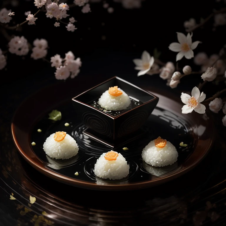 In the foreground of the scene, a vividly detailed onigiri is presented on a dish. The rice, shaped into a perfect triangle, is meticulously wrapped in black nori, its edges crisp and perfectly sealed. The nori, shimmering under the soft, natural light, reveals intricate patterns upon closer inspection, adding to the allure of this traditional Japanese culinary delight. Adorning the edge of the dish, a few delicate slices of pickled ginger and a splash of soy sauce completing the enchanting image. The background subtly showcases a serene Japanese garden, with vibrant azaleas blooming and a tranquil pond reflecting the sun