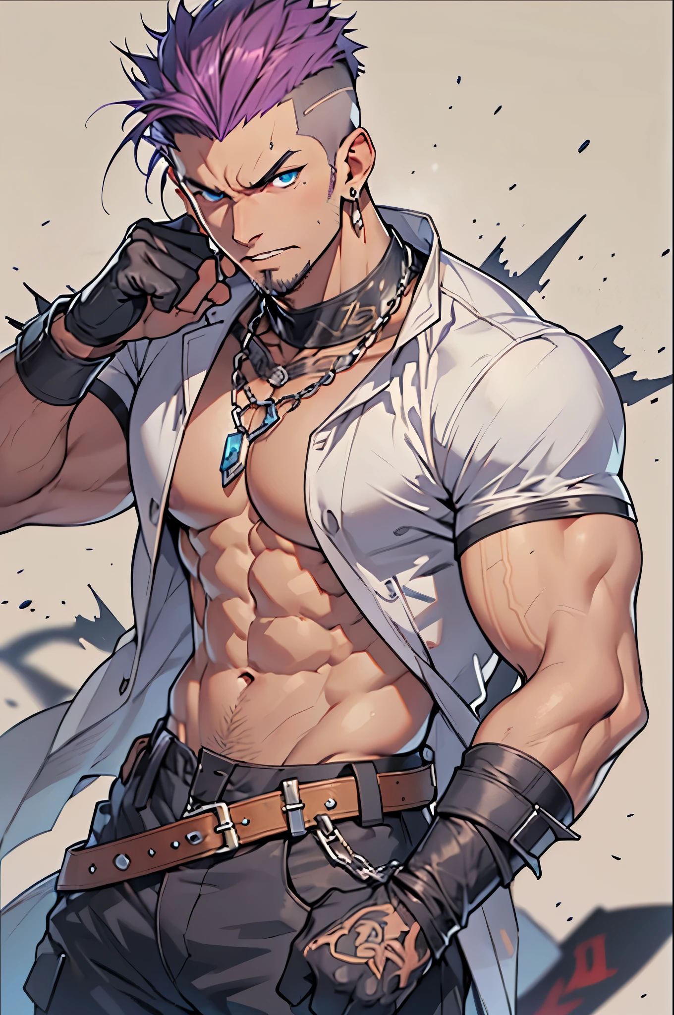 Solo, 1boy, Anime Character, matured male, Male Focus, Middle-aged man, White background, muscular male, large pectoral muscles, fit-muscled body, Square face, Brown skin, violet hair, Forehead, spiked hair, Shaved side hair, Undercut hair, Soft Mohawk, mechanic, (White Color Less Coat), Short sleeves, Cargo pants, earrings, Necklace, goatee, facial hairs, Blue eyes, (Narrow eyes), (Small eyes), (angry), Leather gloves, Ultra-detailed face, Best Quality, detailed clothes, masutepiece, grappler, (Fighting Pose), actionpose, Dynamic angles