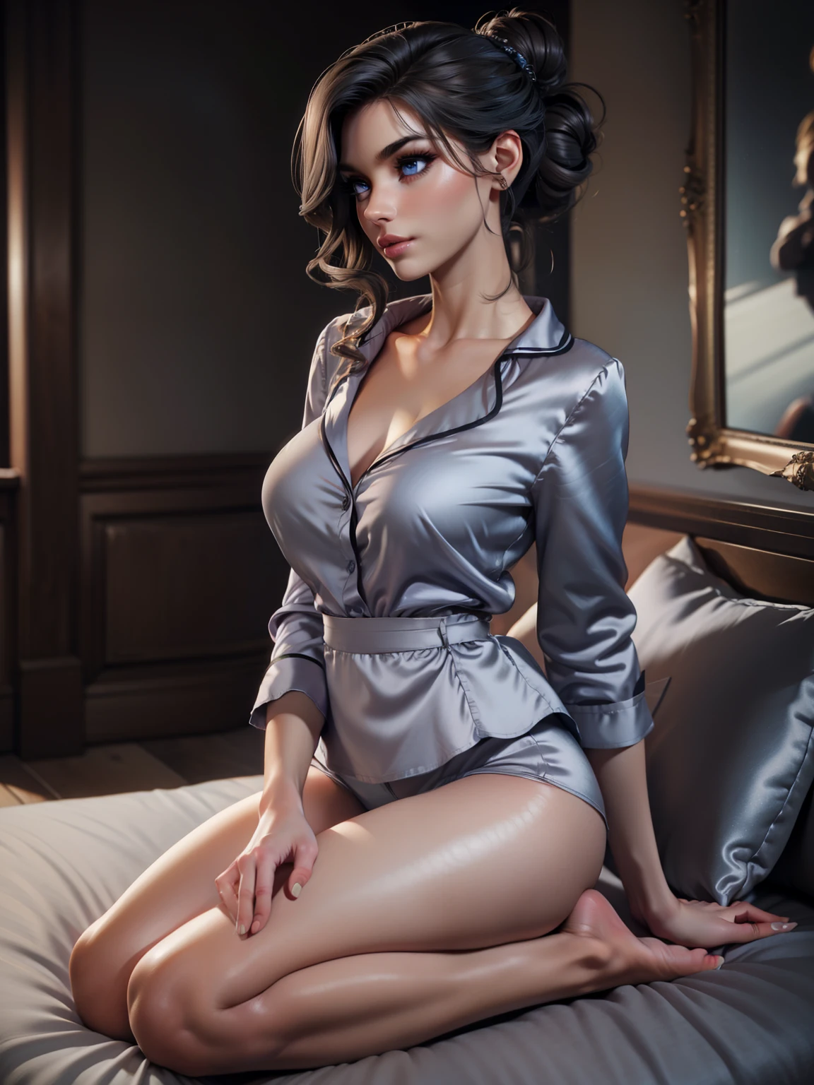 (Masterpiece: 1.5), (Best Quality: 1.5), (full body), 1girl, solo, brunettes wrap updo hair, huge breasts, makeup, parted lips, upper body, lips, blue eyes, realistic, collarbone, lipstick, eyeshadow,  perfect face, perfect eyes, subsurface scattering, medium breasts, wide hips, wearing ((gray satin shirt, satin shorts pyjamas)), sitting on sofa, living room, ultra-high details,