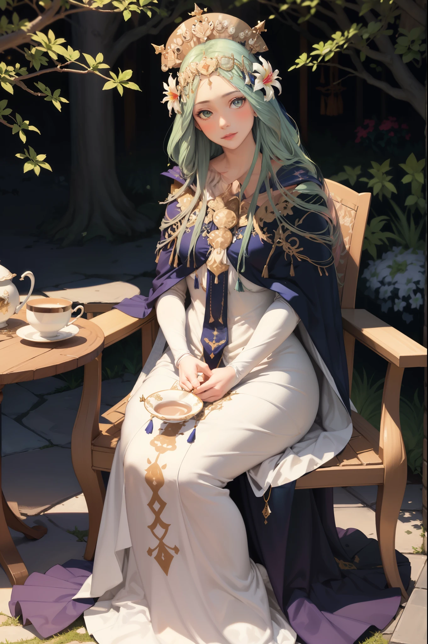 masterpiece, best quality, defRhea, headdress, hair flower, tiara, blue cape, long white dress, looking at viewer, garden, table, chair, tea party, sitting, looking at viewer