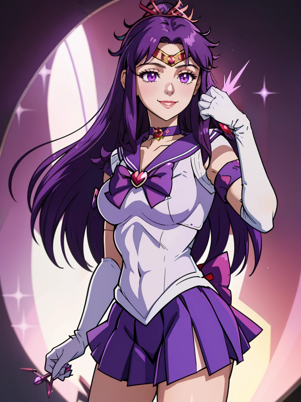 ivy fe ,purple hair, sailor senshi uniform, purple skirt, elbow gloves, tiara, purple sailor collar, red bow, purple choker, white gloves, jewelry, smile