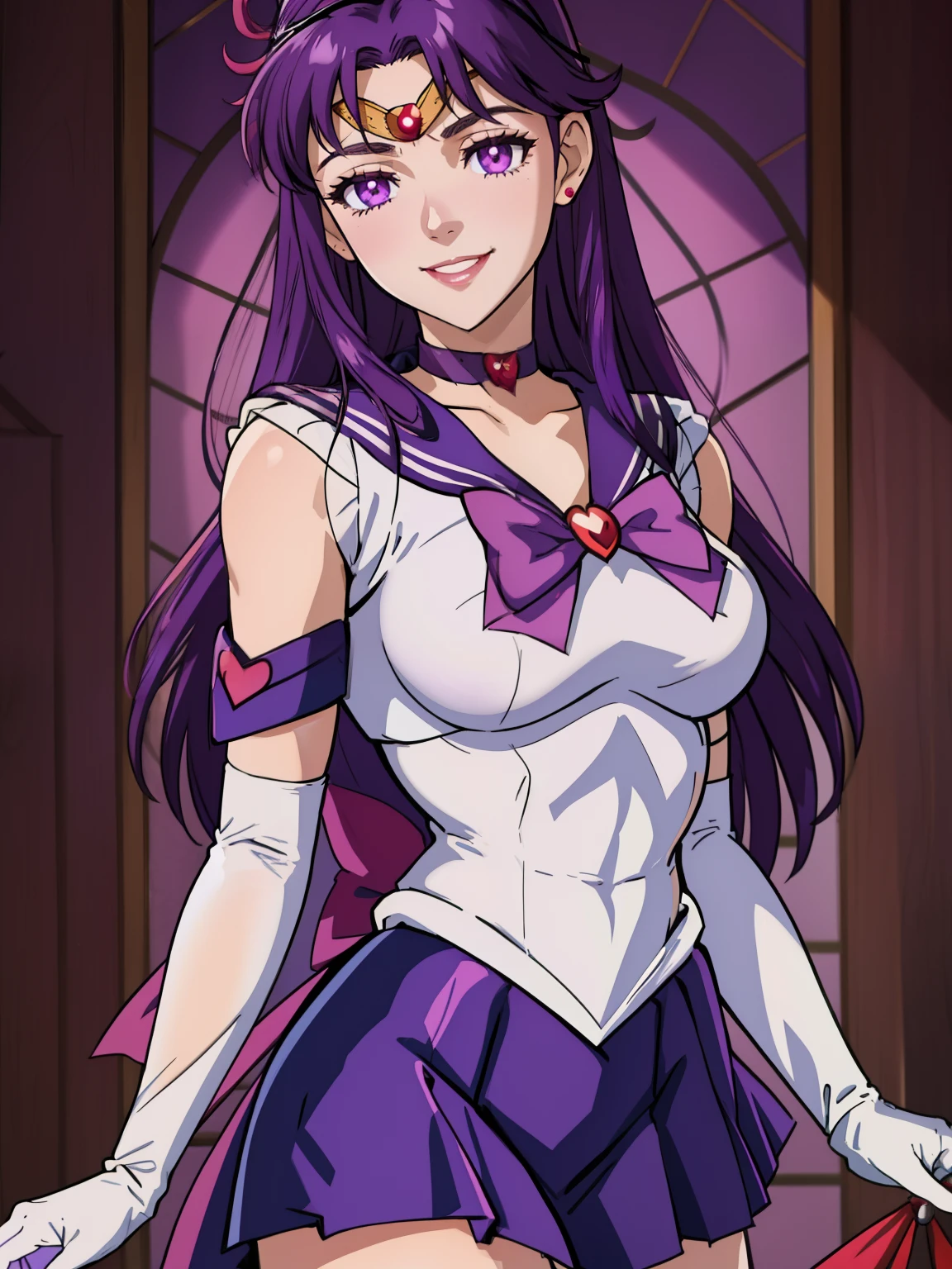 ivy fe ,purple hair, sailor senshi uniform, purple skirt, elbow gloves, tiara, purple sailor collar, red bow, purple choker, white gloves, jewelry, smile