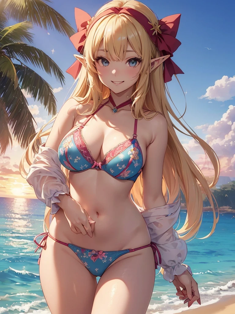 highest quality、Highest image quality、masterpiece、Super beautiful elf beauty((22 years old OL big bust、Bust 98,beautiful long ironed hair、blonde、elf ears、、bikini with big bow and arrow、nice buddy、slender、Close-up、Esbian、High quality、beautiful art、background sunset sky、sunset、beautiful sky、beautiful sea、Hawaii、summer、muste piece、visual art、Depth of bounds written、evening、magic of light、space knight、、A happy smile、gentle light、、Beautiful legs that are gentle on the skin、、、Number of fingers to achieve precise finger movements、ticker beautiful decorative、elegant、mystical　rosa、　 beautiful dressy、、、renaissance art、friendly smile、、separate swimwear、bra、panties、UHD