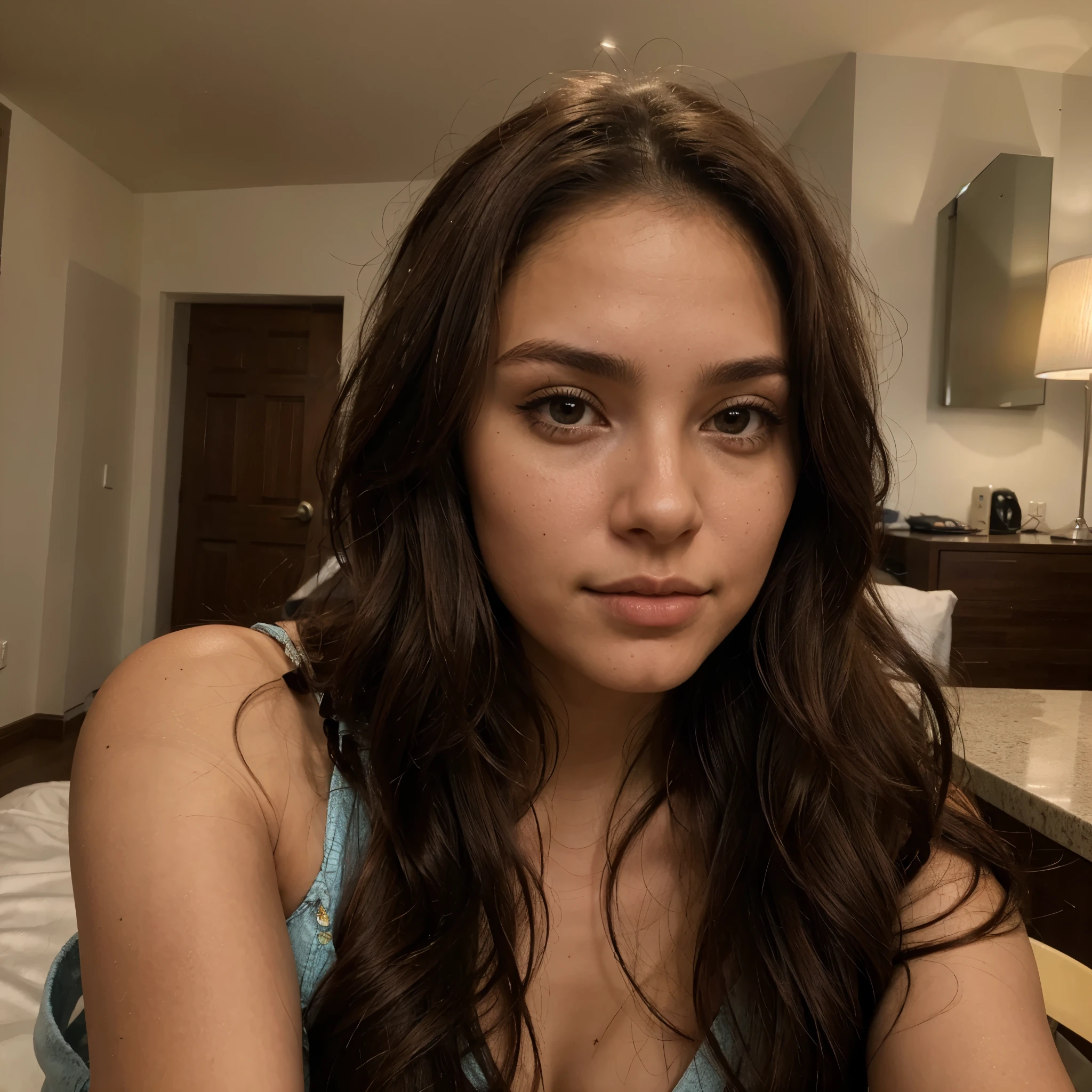 hyperrealistic sexy selfie of a solo latina brunette with a beautiful face and brown wavy hair