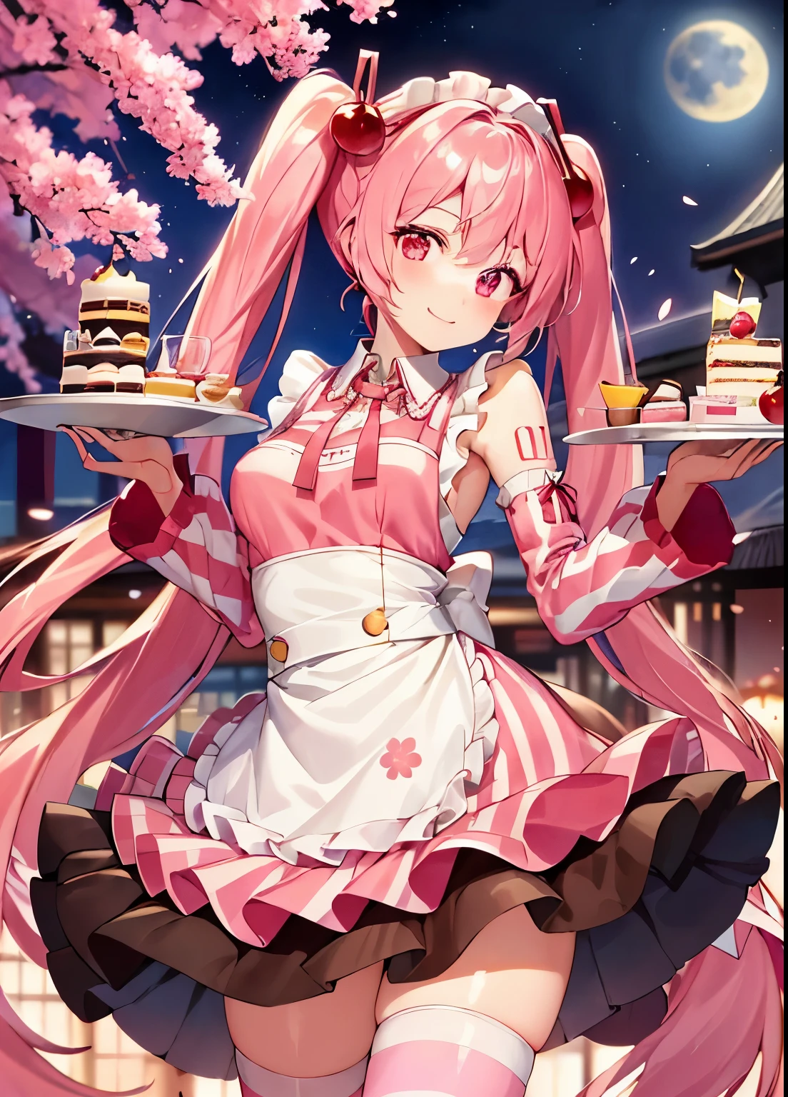 ((highest quality)), ((very detailed)), masterpiece, disorganized, detailed face, beautiful face, (fine eyes, deep eye), (1 girl), cowboy shot, hatsune miku, Overexposure,Sakura Miku, very long hair, pink hair, pink eyes, smile, waitress, pink apron, ruffle apron, layered dress, removed sleeve, Thighhighs, (striped Thighhighs), shoes, 黒いshoes, tray, holding tray, dessert, cake, cherry blossom print, cherry, cherry blossoms, (By airship, ticker, night, night sky, performer, blue Moon, telescopes)