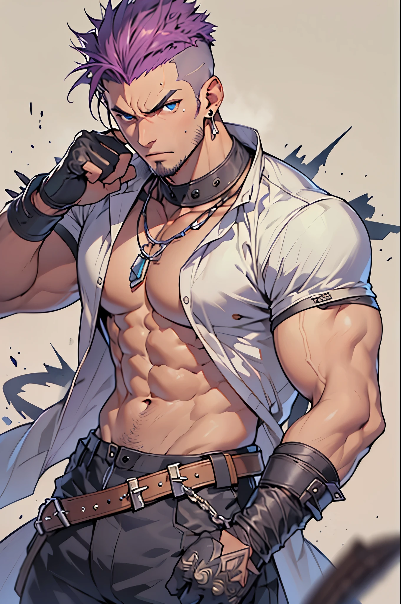 Solo, 1boy, Anime Character, matured male, Male Focus, Middle-aged man, White background, muscular male, large pectoral muscles, fit-muscled body, Square face, Brown skin, violet hair, Forehead, spiked hair, Shaved side hair, Undercut hair, Soft Mohawk, mechanic, (White Color Less Coat), Short sleeves, Cargo pants, earrings, Necklace, goatee, facial hairs, Blue eyes, (Narrow eyes), (Small eyes), (angry), Leather gloves, Ultra-detailed face, Best Quality, detailed clothes, masutepiece, grappler, (Fighting Pose), actionpose, Dynamic angles