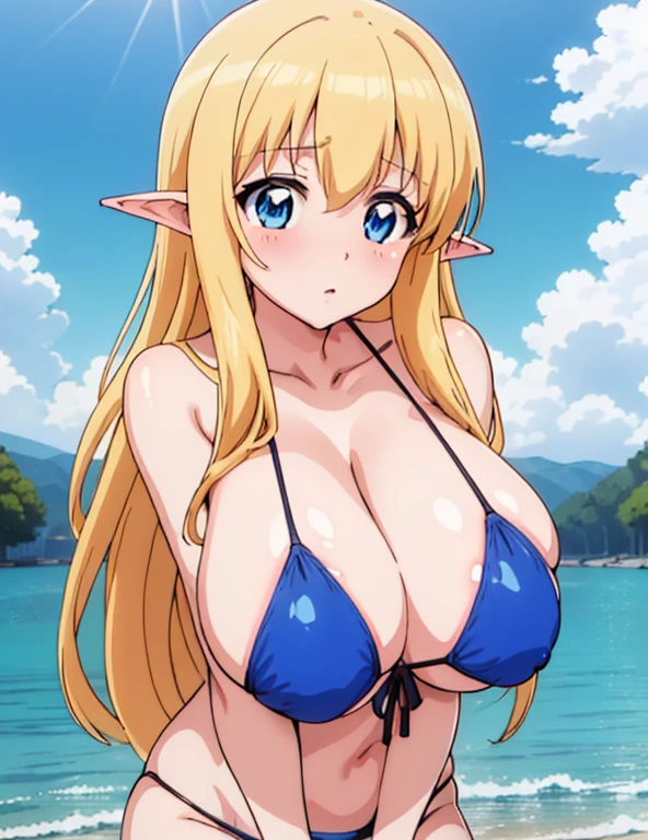 (masterpiece, best quality, high resolution, anime colored, anime screencap, 8k, detailed), tifania, The Familiar of Zero, blue eyes, blush, elf, long hair, pointy ears, blonde hair, sagging breasts, cleavage, (white bikini), (bent over), (upper body:1.5), sit, looking at view, sunshine, lake, 