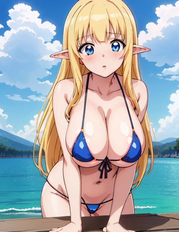 (masterpiece, best quality, high resolution, anime colored, anime screencap, 8k, detailed), tifania, The Familiar of Zero, blue eyes, blush, elf, long hair, pointy ears, blonde hair, sagging breasts, cleavage, (white bikini), (bent over), (upper body:1.5), sit, looking at view, sunshine, lake, 