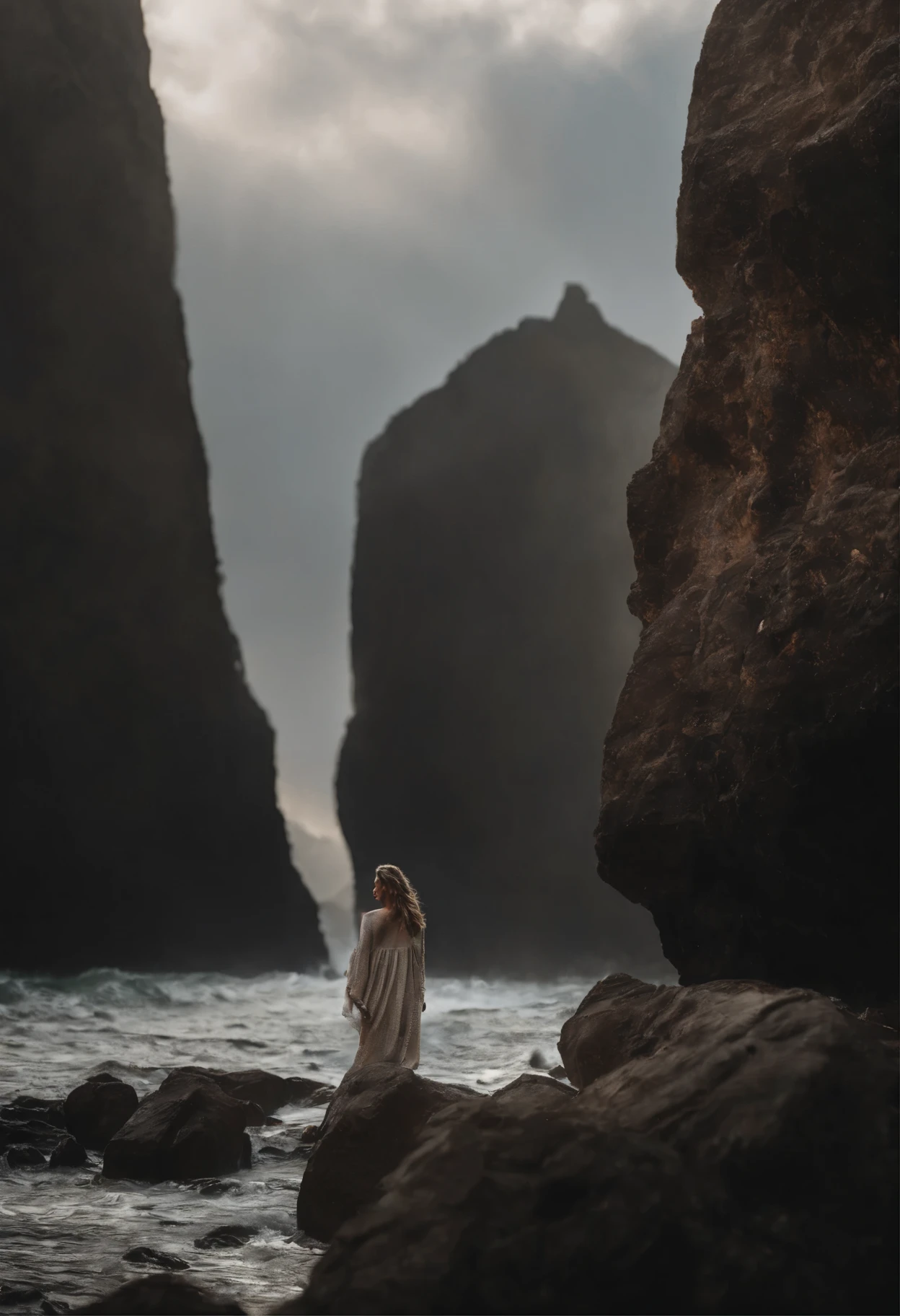 Rock, bounce, precipice, young woman, sea