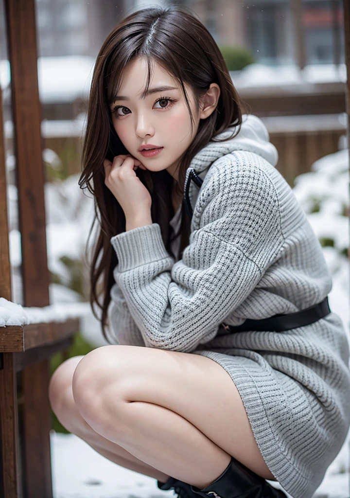 The cutest girl who works as a gravure idol is crouching in the snow with glossy brown hair, wearing a down jacket, a tight miniskirt with a houndstooth pattern, black pantyhose, and long white boots, making a seductive expression. Masu. She looks confident and poses professionally for the camera. Her fashion, facial expressions, and exquisite balance of cuteness and elegance draw the viewer in. Through this scene, her charm is expressed to the fullest.