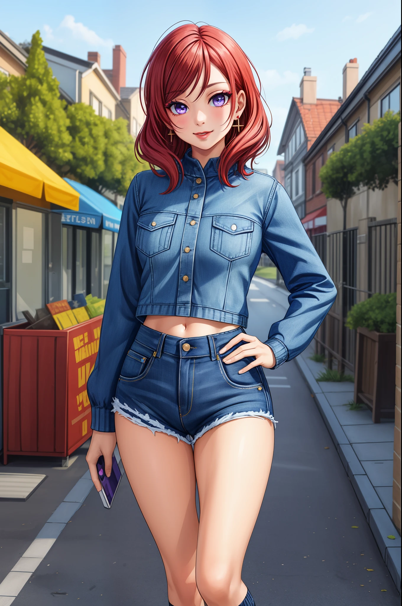 (Masterpiece, Best Quality, High Quality:1.4), professional artwork, well drawn, Intricate Details, field of view,
Nishikino maki, race background, afternoon, 
Red hair, lipstick, makeup, ultra detail hair, ultra detail face, perfect eyes, perfect face, earring, purple eyes, Looking at Viewer, flirting, one hand on hip,
Tight short denim shorts, crop jacket, sweater, socks, thicc thighs.