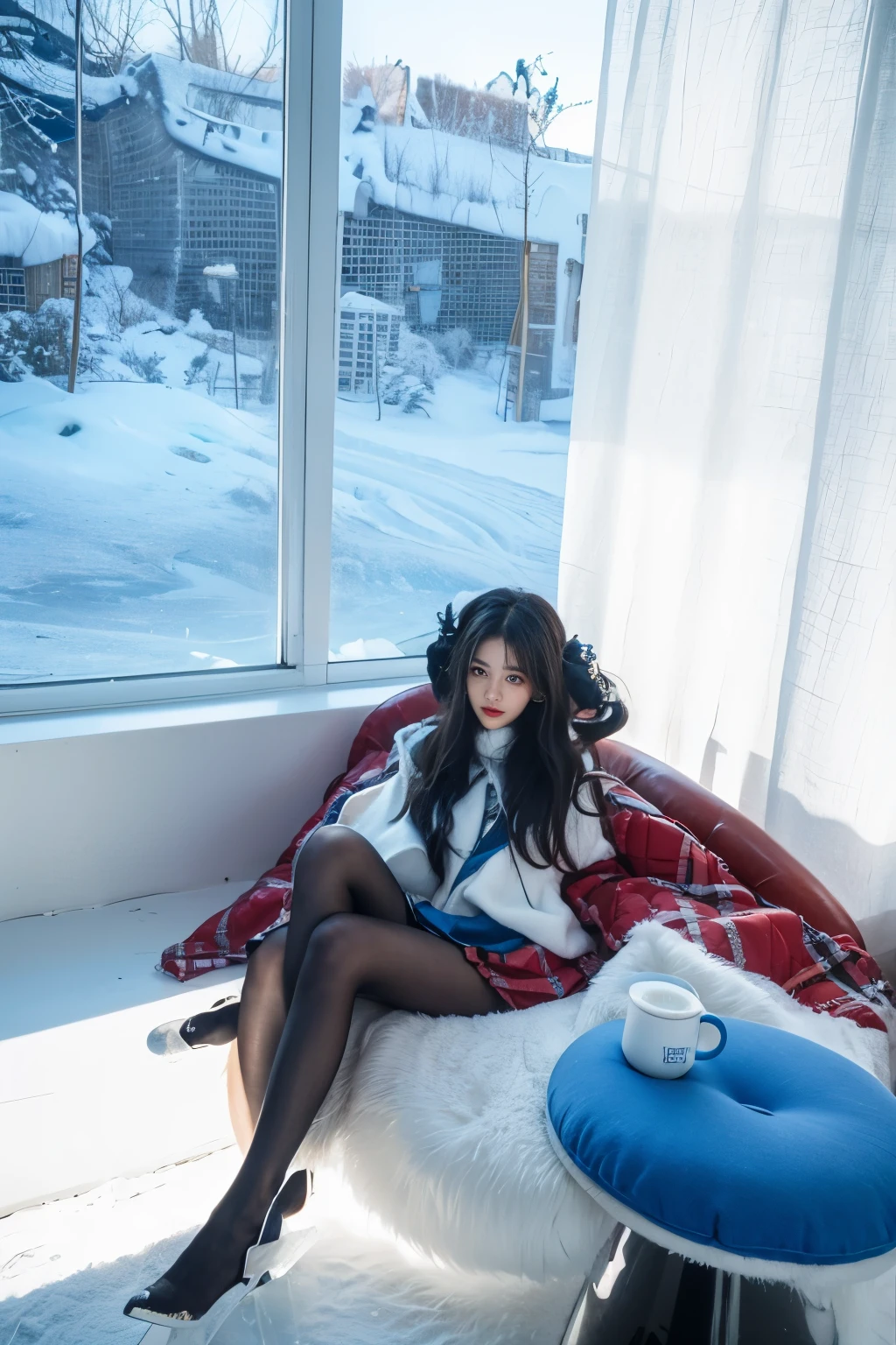 Arav is sitting on a bean bag chair in front of the window,blue pantyhose， Larissa Manobar, Blackpink’s Larissa Manoban, in an igloo, cold的, crystal, Urzan, cold, cold的 as ice! 🧊, lofi girl, sitting on the ice throne, sitting in a lounge, On the cold throne, 处于cold的位置