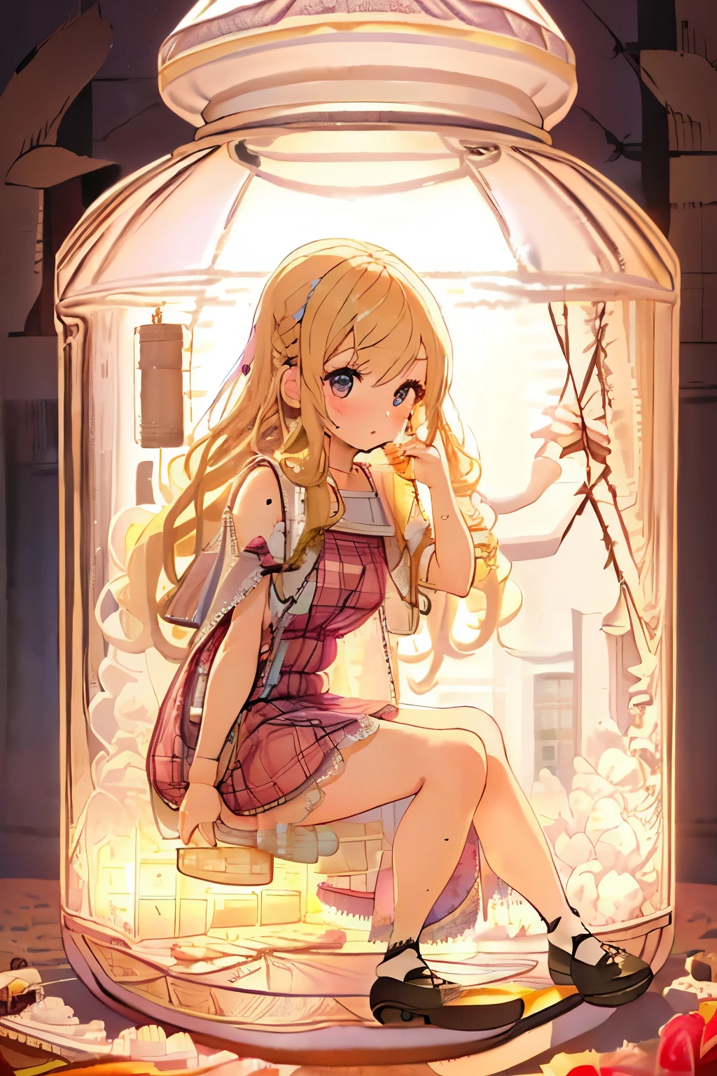 girl,cute,(blonde:1.2),(long hair with curls:1.2),(With bangs),(Eye size:1.5),(Plaid dress:1.3),(dress with lots of lace:1.35),(blush:1.2),(girl in glass bottle:1.6),(whole body:1.5),(sitting in a bottle:1.5)