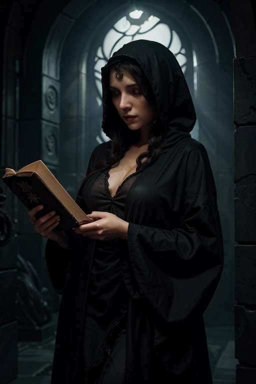 Dark and eerie illustration of a woman dressed in Lovecraftian cultist robes, holding a forbidden book with tentacles coming out of it. Realistic shading and lighting, by H.R. Giger, dark fantasy art style, trending on DeviantArt