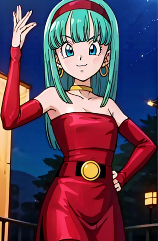 masterpiece, bulla, aqua hair, blue eyes, red hairband, hoop earrings, gold choker, bare shoulders,  seductive, 1 girl, solo, short black dress, strapless, skin-tight dress, sexy poses, Smile, upper body. Standing up, anime screencaps, high quality, night club background, disco lighting.