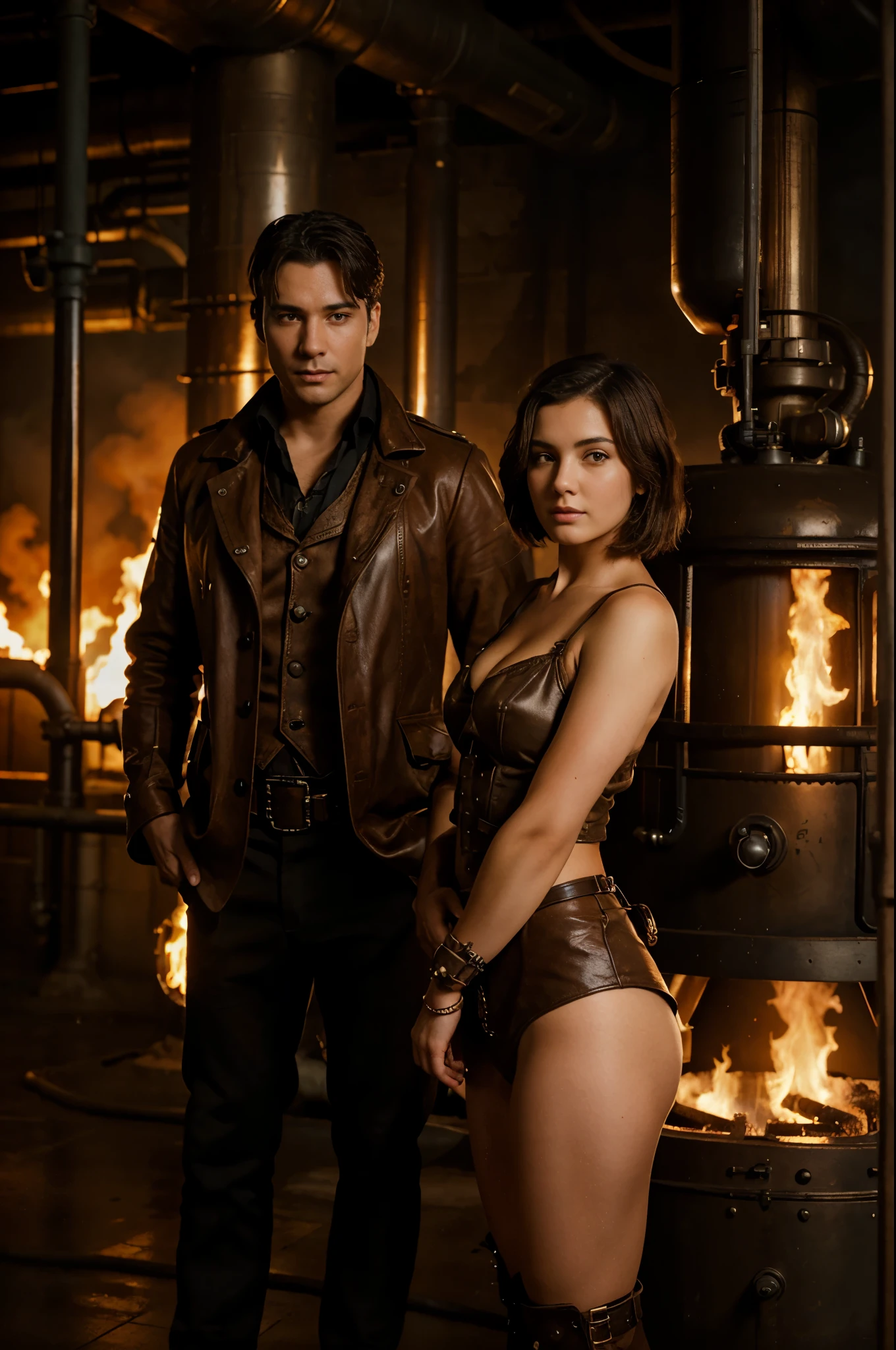 a woman with short brown hair in steampunk style and a man stand near a tank in steampunk style, inside a huge fire factory