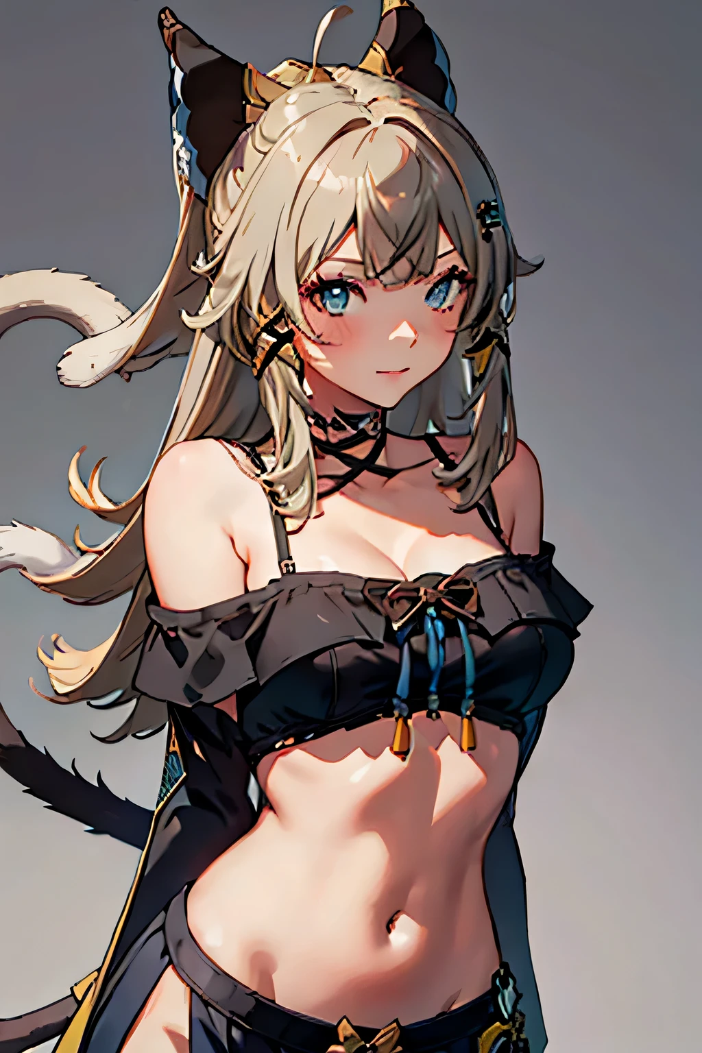 masterpiece， highest quality， 1 girl， gray background，Off-the-shoulder costumes，small breasts，cleavage，cat tail