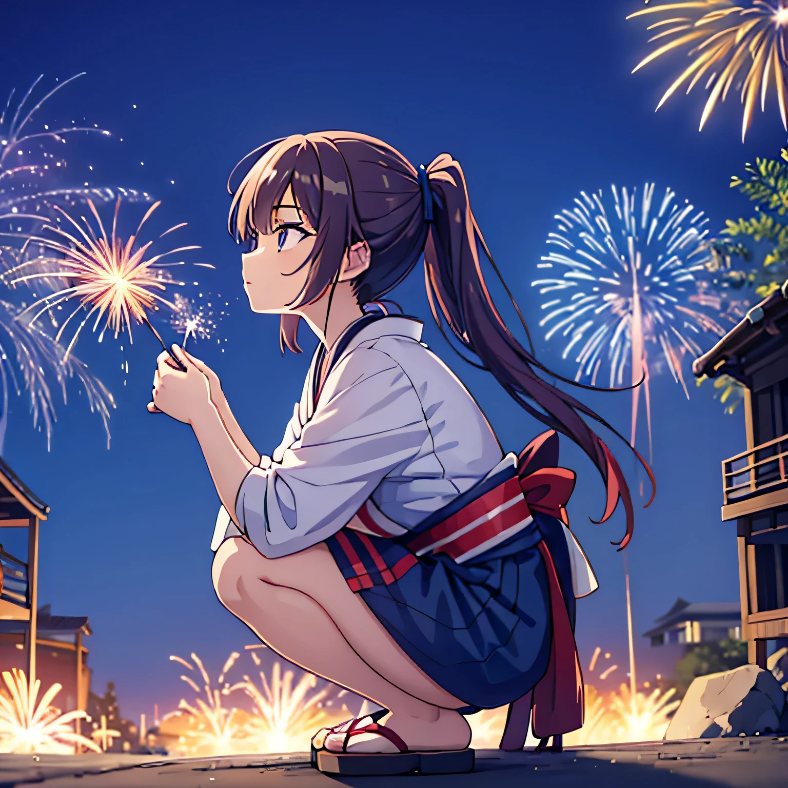 Side view of a woman with Japanese-style ponytails holding fireworks in a squatting position naked