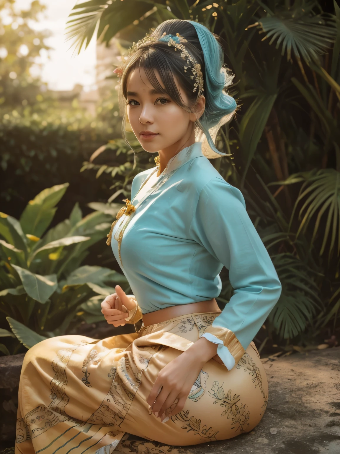 (masterpiece), (best quality), (ultra detailed),(disheveled hair),(illustration), (1 70 yo old womanl), (old Fashionable burmese clothing), standing, old Fashion old woman model, looking at viewer, (interview), (simple background),beautiful detailed eyes, delicate beautiful face, Floating,(high saturation),(colorful splashes),(shining), focus on face,  ponytail, kamisato ayaka, light blue hair, bangs, hair ring, floating flowers, floating hairs, (shining), best lighting, best shadow,(best quality,8k,highres,masterpiece:1.2),ultra-detailed,(realistic,photorealistic,photo-realistic:1.37),beautiful expressive eyes,long eyelashes,beautiful detailed lips,(((big ))),(big buttocks))),detailed hair and face, acmm ls outfit, wearing acmm top, yellow green acmm top, long sleeves, wearing acmm long skirt, gold green acmm long skirt, printed skirt, vintages photography, old photos style, (((70 yo an old woman))), 70 years old woman