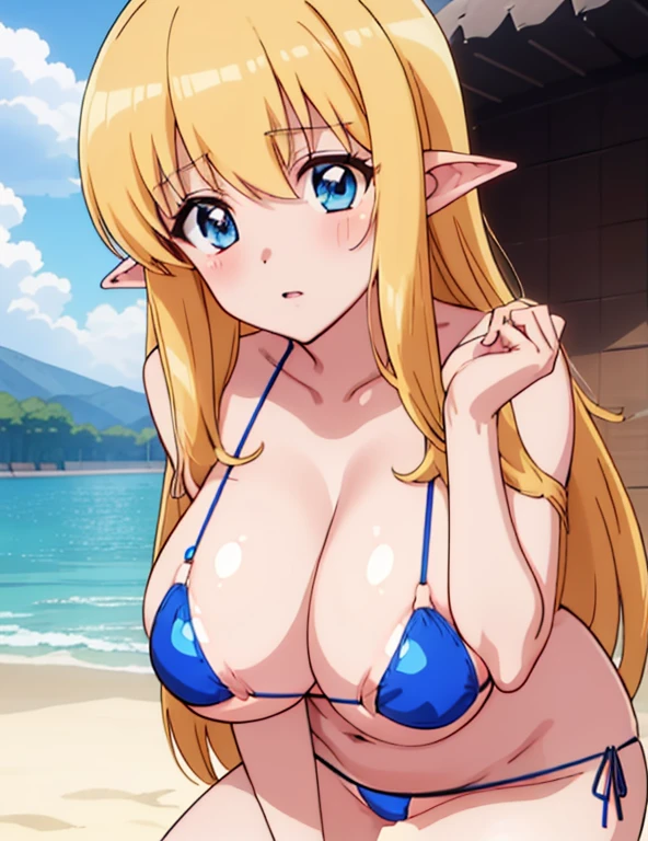 (masterpiece, best quality, high resolution, anime colored, anime screencap, 8k, detailed), tifania, The Familiar of Zero, blue eyes, blush, elf, long hair, pointy ears, blonde hair, sagging breasts, cleavage, (white bikini:1.5), (bent over), (upper body:1.5), sit, looking at view, sunshine, lake,