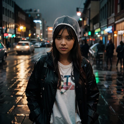 girl in the rain, city lights