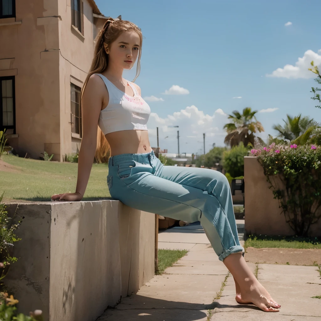 Actress Kathryn Newton 8k, ultrarealistic, perfect texture, masterpiece, real life looking, Kathrynnewton, crop top, barefoot, long pants, no shoes 