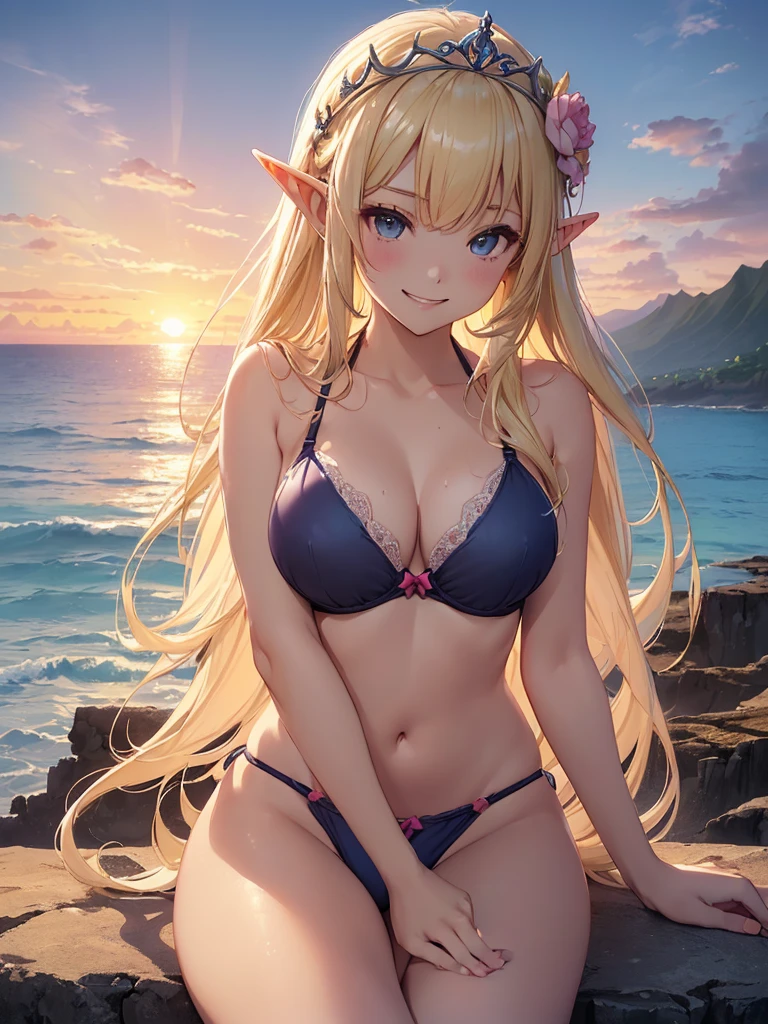 highest quality、Highest image quality、masterpiece、Super beautiful elf beauty((22 years old OL big bust、Bust 98,beautiful long ironed hair、blonde、elf ears、rose flower tiara、bikini、nice buddy、slender、Close-up、Esbian、High quality、beautiful art、background sunset sky、sunset、beautiful sky、beautiful sea、Hawaii、summer、muste piece、visual art、Depth of bounds written、evening、magic of light、space knight、sitting、A happy smile、gentle light、、Beautiful legs that are gentle on the skin、、、Number of fingers to achieve precise finger movements、ticker beautiful decorative、elegant、mystical　rosa、　 beautiful dressy、、、renaissance art、friendly smile、、separate swimwear、bra、panties、UHD、romance、Romantic