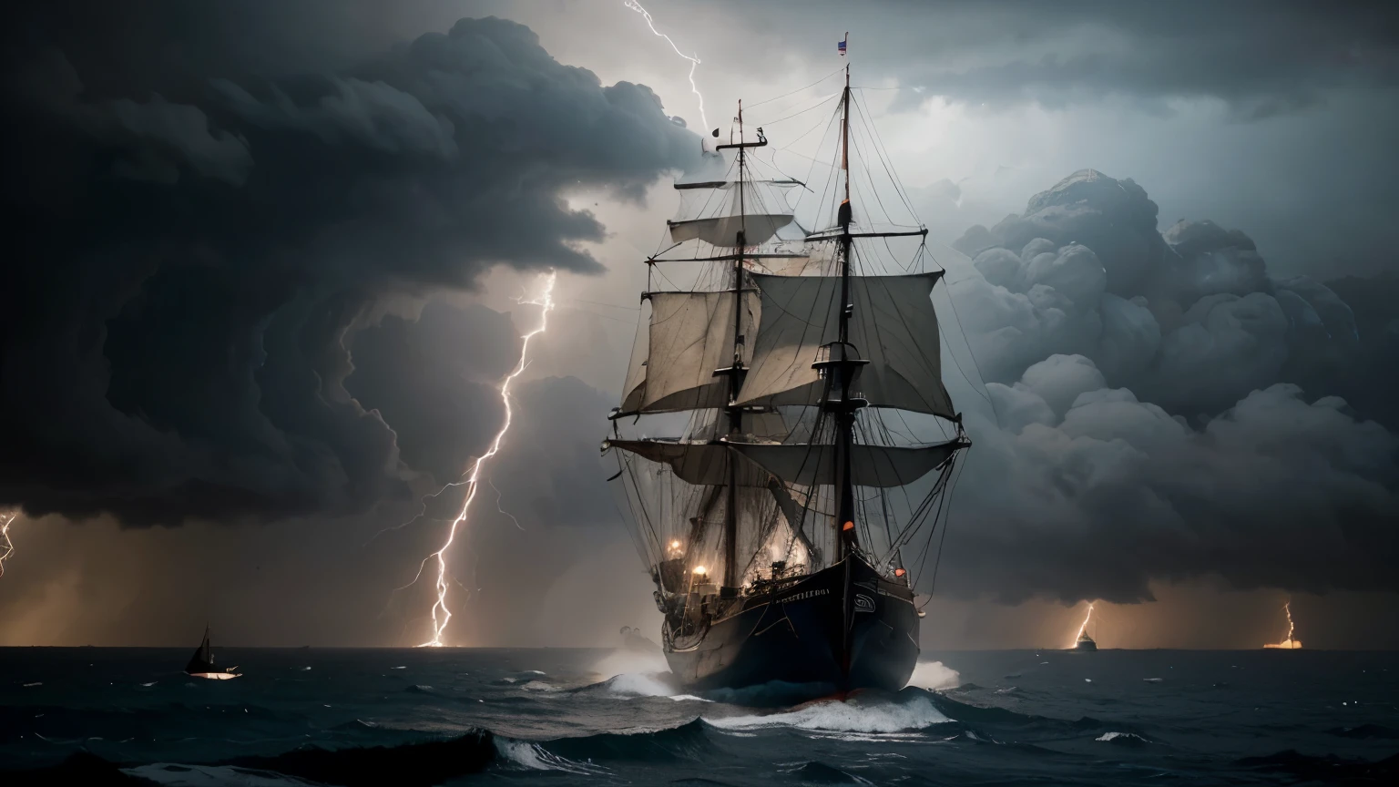 (British) sail ship full of (undead sailors), sailing through fog and storm, epic, dramatic, cinematic shot, lightning bolts hitting dreadnought