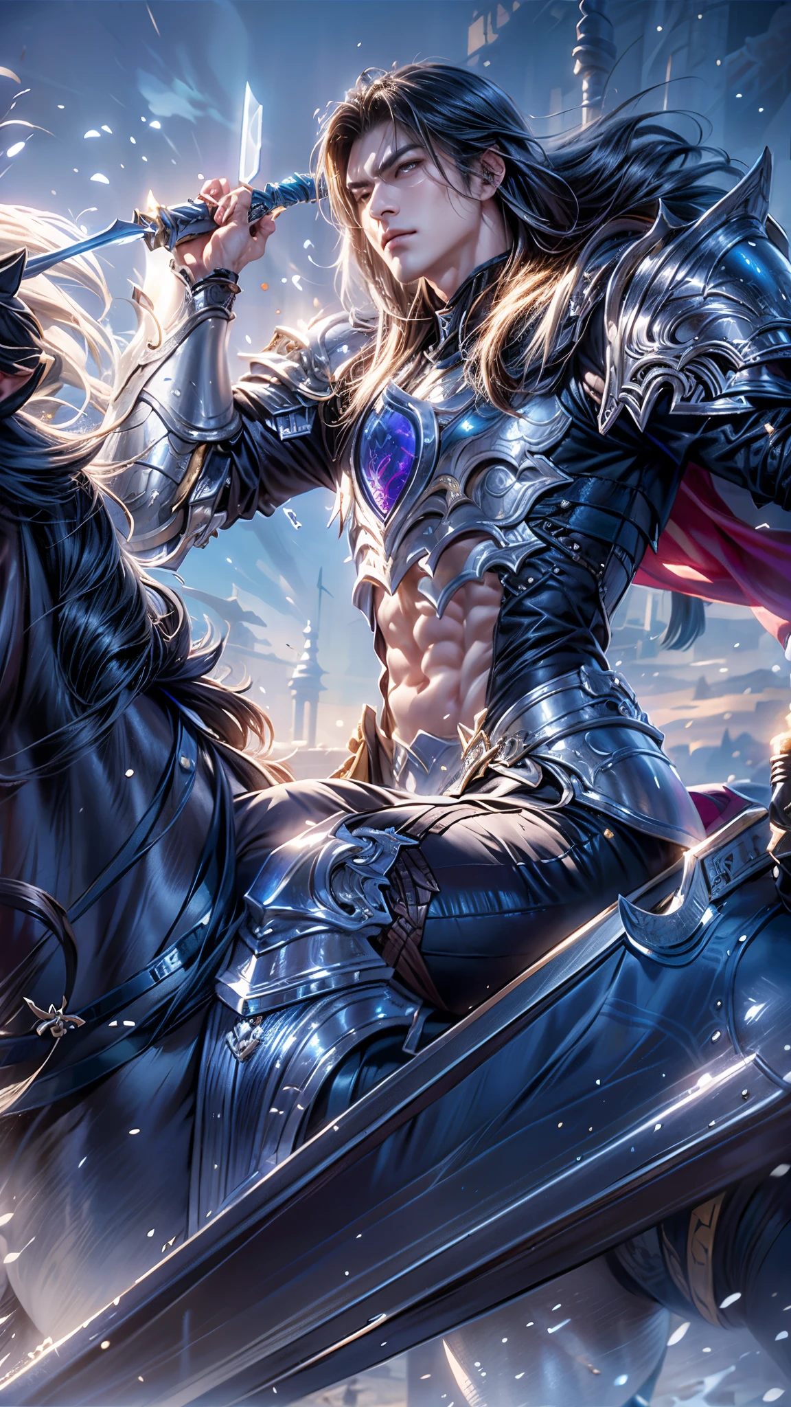 arafed image of a man long hair riding a horse with a sword, official splash art, mobile wallpaper, inspired by Huang Shen, arthas, splash art, arthas menethil, sliver ice color reflected armor, shadowverse style, zhao yun, phone background, by Yang J, character splash art, keqing from genshin impact