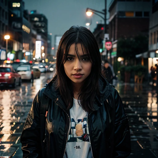 girl in the rain, city lights