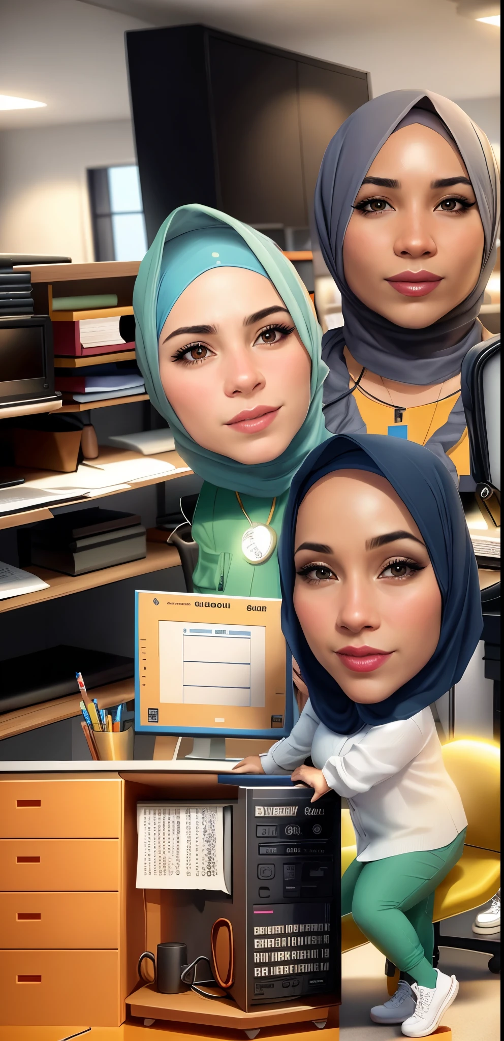 A team of women in the office as administration, wearing hijabs and orange uniforms, office work desk background, portrait caricature, detail, hyperrealism, 8k, high contrast, high color saturation, high definition, full ultra hd detail, realistic image