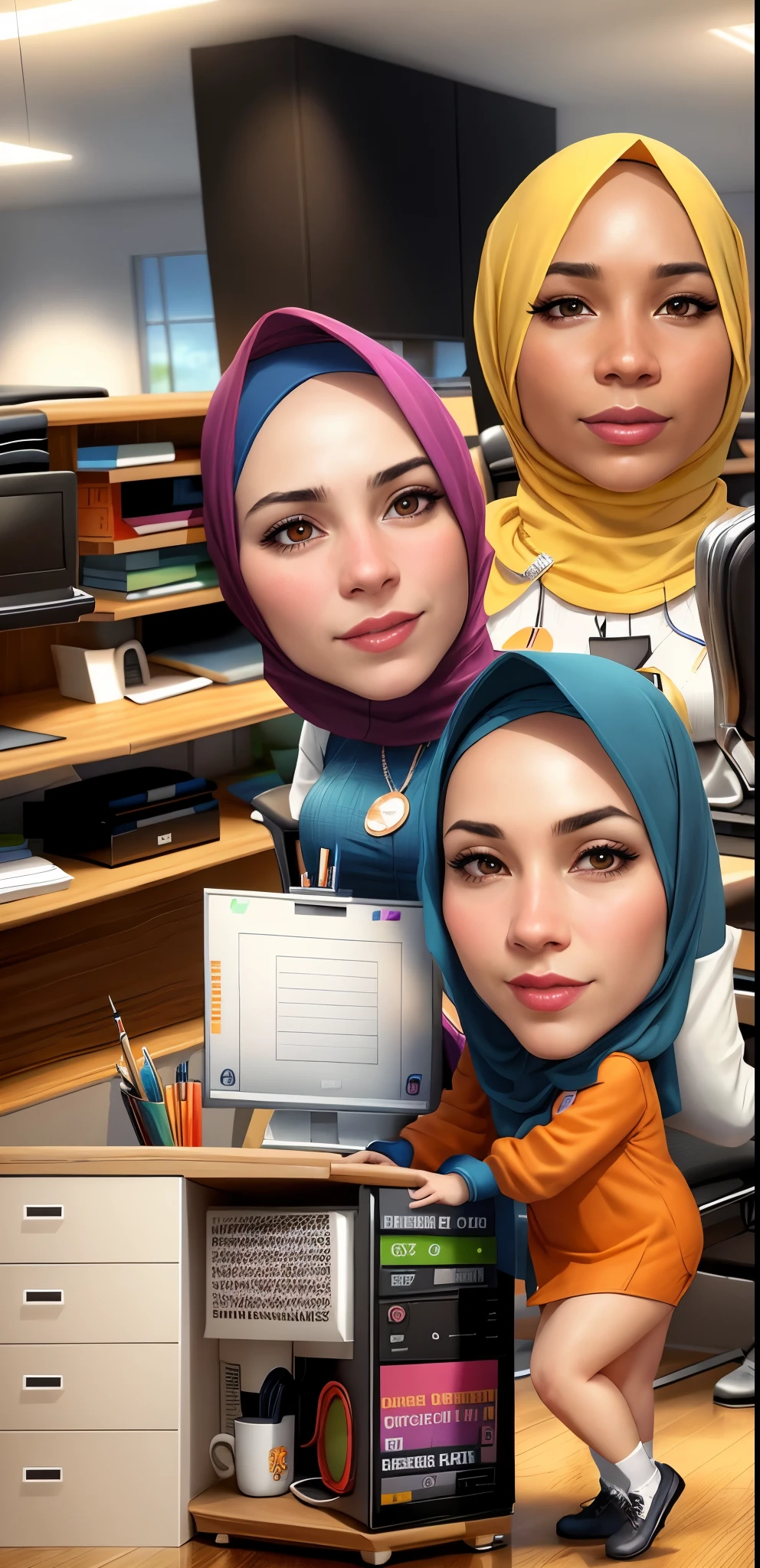 A team of women in the office as administration, wearing hijabs and orange uniforms, office work desk background, portrait caricature, detail, hyperrealism, 8k, high contrast, high color saturation, high definition, full ultra hd detail, realistic image