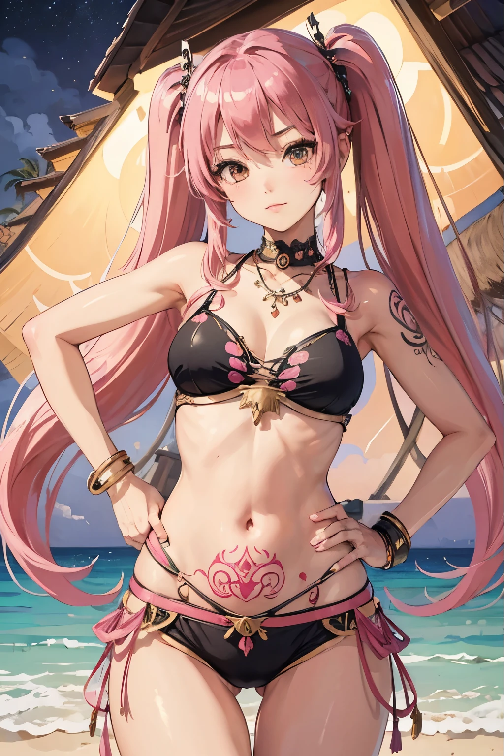 ((best quality)), ((masterpiece)), (detailed), perfect face, girl, pink hair, long hair, tropical beach theme, hands on hips, twin tails hair, belly dancer outfit, shrine theme, night theme, womb tattoo, 