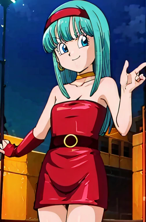 masterpiece, aqua hair, long hair, blue eyes, red hairband, hoop earrings, gold choker, bare shoulders, seductive, 1 girl, solo, strapless tube dress, short black dress, skin-tight dress, sexy poses, Smile, upper body. Standing up, anime screencaps, high quality, night club background, disco lighting.