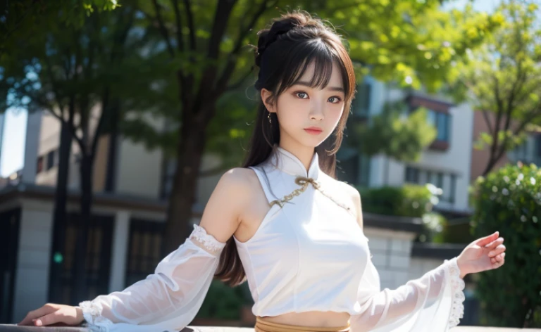 best quality, 8k, Beautiful girl on the street,Traditional beauty,Young girl,Chinese skirt,Lace top white,Casual skirt, Highly detailed facial and skin textures, delicate eyes, Just one person,Chinese girl,The costumes are detailed and complete,slim body,Natural expressions,Soft light and shadow,The proportions of the characters are reasonable,Normal human eyes,Eyes are delicately drawn,Delicate facial details,Detailed sculpting of upper body,Attention to detail,The texture is delicate,vivid emotional description,meticulous detail。