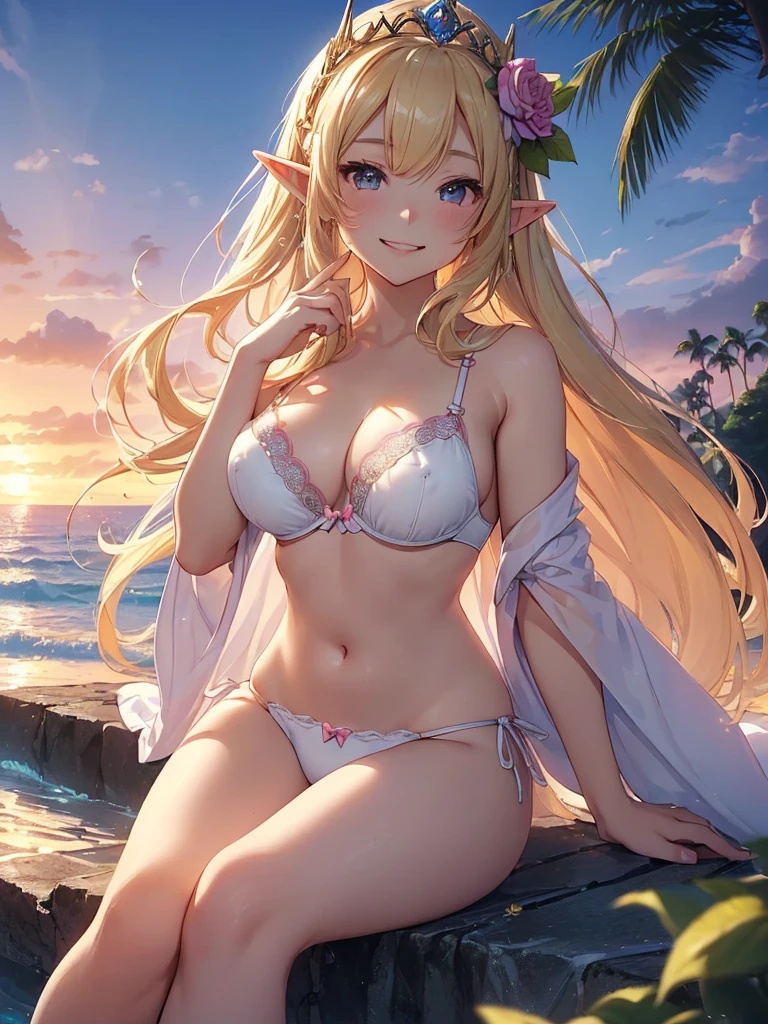 highest quality、Highest image quality、masterpiece、Super beautiful elf beauty((22 years old OL big bust、Bust 98,beautiful long ironed hair、blonde、elf ears、rose flower tiara、bikini、nice buddy、slender、Close-up、Esbian、High quality、beautiful art、background sunset sky、sunset、beautiful sky、beautiful sea、Hawaii、summer、muste piece、visual art、Depth of bounds written、evening、magic of light、space knight、sitting、A happy smile、gentle light、、Beautiful legs that are gentle on the skin、、、Number of fingers to achieve precise finger movements、ticker beautiful decorative、elegant、mystical　rosa、　 beautiful dressy、、、renaissance art、friendly smile、、separate swimwear、bra、panties、UHD、romance、Romantic、ラブromance💕